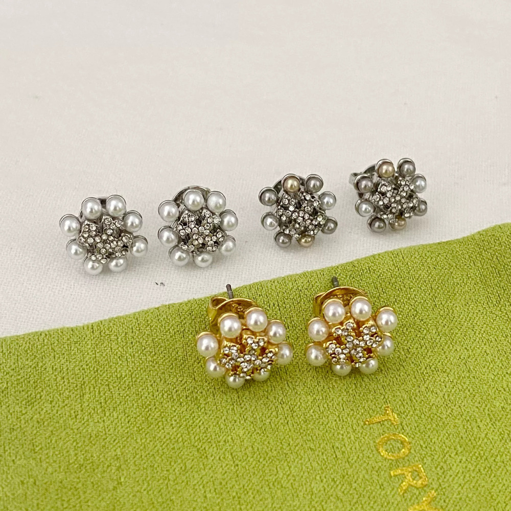 Tory Burch Gold Plated Crystal and Pearl Double Stone Stud Earrings